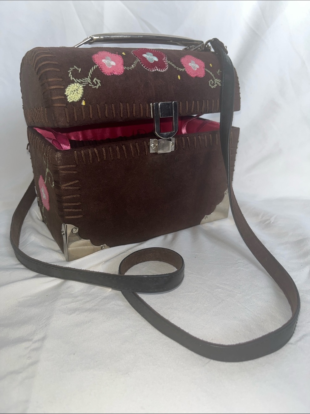 Floral Embroidered Suede Treasure Chest Box Purse
